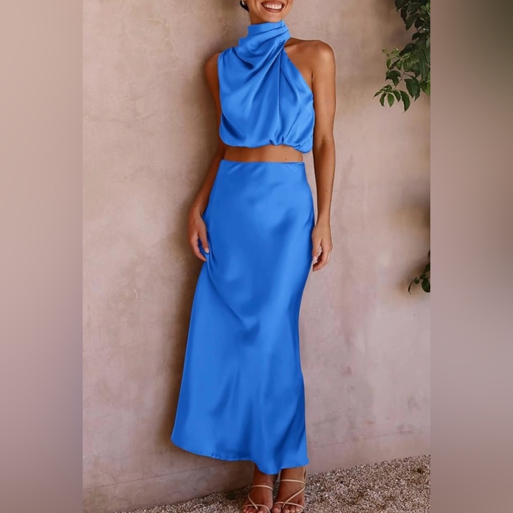 PRETTYGARDEN 2 Piece Satin Mock Neck Long Skirt Dress Set